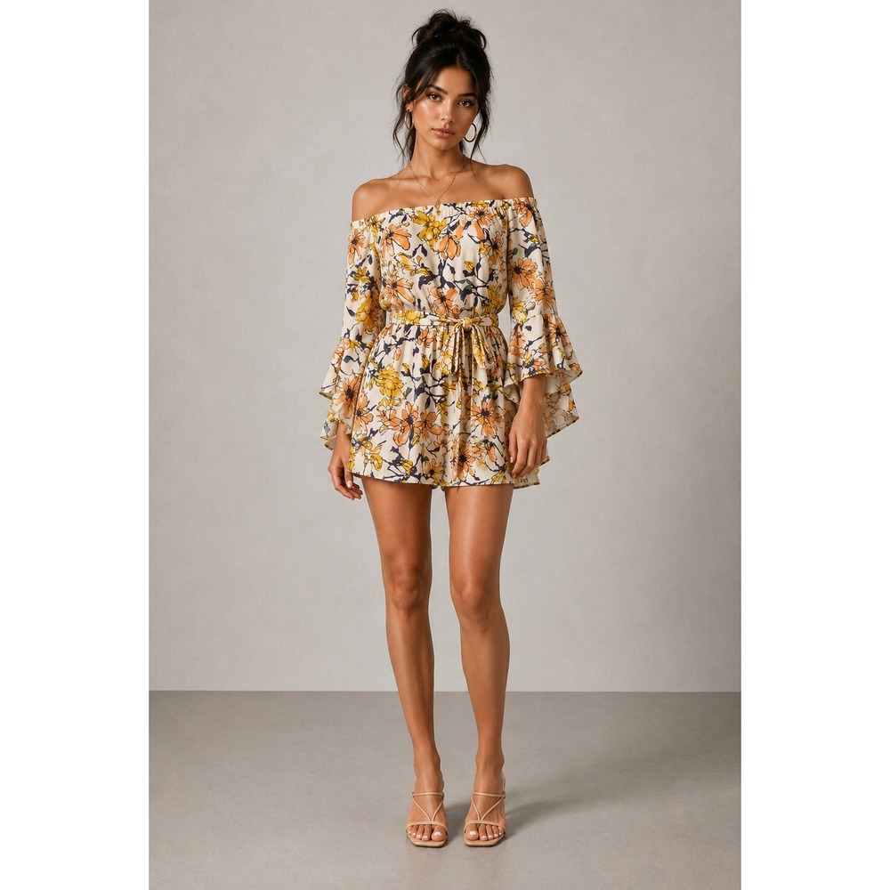 Lulus Floral Mini Dress Women S Cottagecore Boho Off Shoulder Bell Sleeve Yellow